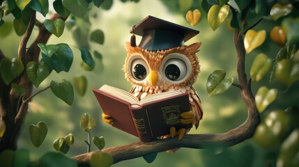 A 3D cartoon owl perched on a branch with a graduation cap, reading a large book, surrounded by a whimsical forest background