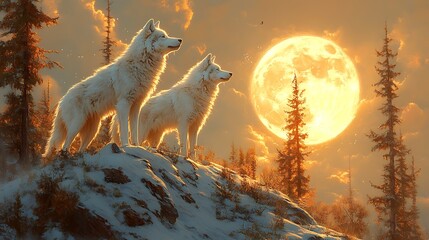 Wall Mural - Two white wolves stand on a snowy mountaintop, silhouetted against a large orange moon.