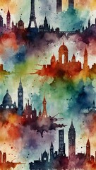 Wall Mural - Watercolor skyline featuring famous landmarks.