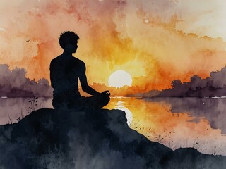 Poster - Watercolor sunset silhouette of two meditating figures.