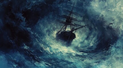 A dramatic scene of a ship battling powerful waves in a tempestuous sea, showcasing nature's raw power and maritime adventure.