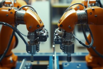 Wall Mural - Close-up of two orange industrial robotic arms with black wires in a factory setting