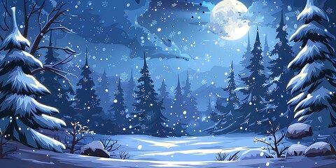 Sticker - Snowy Winter Night Forest Landscape Illustration