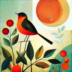 Poster - Geometric Abstract Bird and Sun Illustration