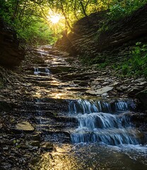 Canvas Print - Sunlight Shining Through Trees on a Waterfall