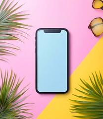 Wall Mural - Summer Phone Mockup with Palm Leaves and Sunglasses