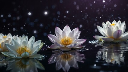 Sticker - White lotus flowers floating with purple light sparkles.