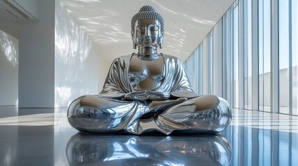 A modern Buddha sculpture made of polished metal, set in a contemporary art space with clean, minimalist design elements. The sculptureâ€™s reflective surface interacts dynamically with the gallery