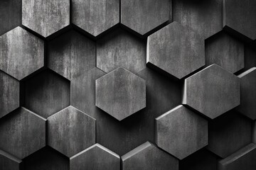 Poster - A textured wall featuring a modern hexagonal pattern in shades of black, perfect for backgrounds and industrial themes.