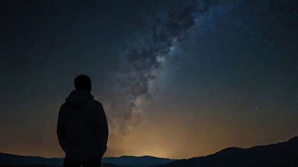 A starry night sky with a silhouette of a person gazin