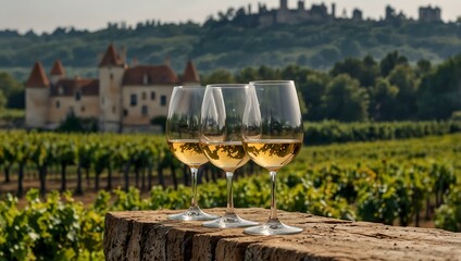 Wall Mural - Wine glasses in Sauternes vineyards with a castle in the background.