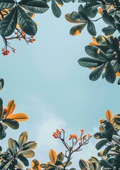 Poster - Green Leaves and Blue Sky Nature Background