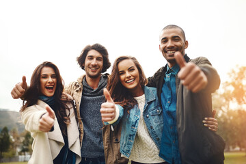 Canvas Print - Happy, thumbs up and portrait of friends in nature for bonding, social gathering and event outdoors. Hand gesture, park and men and women with yes, like and emoji on vacation, weekend and holiday