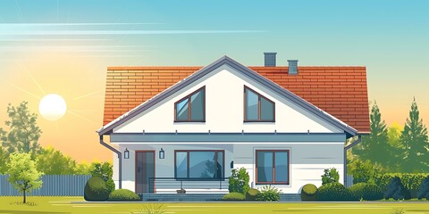 Wall Mural - Cartoon Illustration of a White House with Red Roof