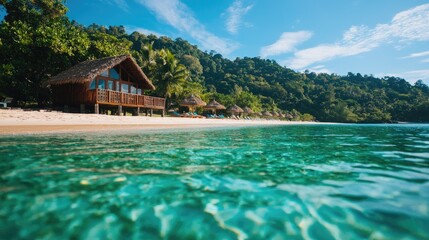 Wall Mural - scenic beach view with clear water and tropical house in the background.