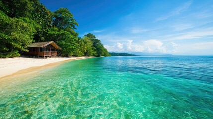 Wall Mural - tropical beach with clear water and lush green trees under bright blue sky.
