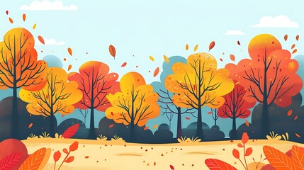 Poster - Autumn Forest Landscape Illustration With Falling Leaves