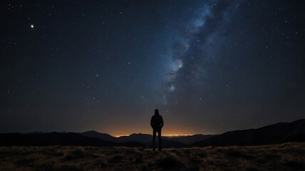 A starry night sky with a silhouette of a person gazin