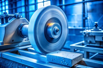 Modern technology grinding wheel sharpening a stone in a blue industrial workshop