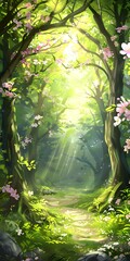 Wall Mural - Magical Forest Path with Sunbeams