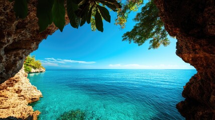 Wall Mural - secluded coastal view from a rocky cave, tranquil blue waters, and clear skies.