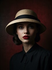 Wall Mural - Woman in shadow with a dark hat and deep red lips.