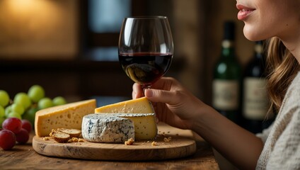 Wall Mural - Woman savoring gourmet cheese and wine pairing.