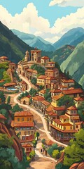 Canvas Print - Illustration of a Charming Village in the Mountains