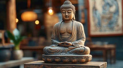 A traditional Buddha statue made of carved wood, displayed on a rustic wooden table with a backdrop of traditional Asian art. The warm, ambient light from a nearby lamp highlights the fine details of