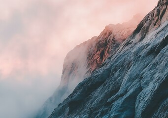 Poster - Mountain Cliffside with Pink Sky and Fog