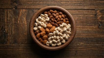 Wall Mural - Wooden bowl of pet food on a wooden table.