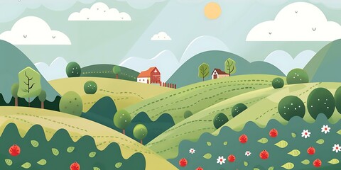 Wall Mural - Cartoon Illustration of Green Hills with Red Roofed Houses and a Sun