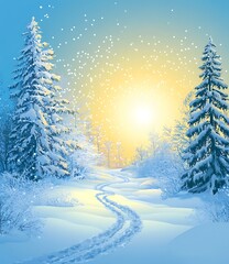 Sticker - Winter Wonderland Snowy Forest Landscape with Winding Path and Sun