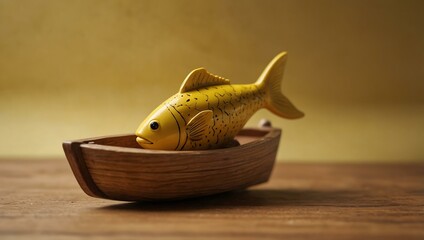 Yellow fish toy in a wooden boat against a soft yellow background.