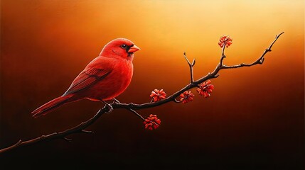 Red cardinal perched on a branch with blossoms against a warm, colorful background.