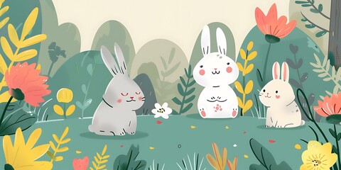 Sticker - Three Cute Rabbits in a Flower Garden Illustration