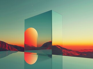 Wall Mural - Abstract Mountain Sunset Reflection in Glass Cube