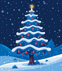 Wall Mural - Snow Covered Christmas Tree Night Illustration