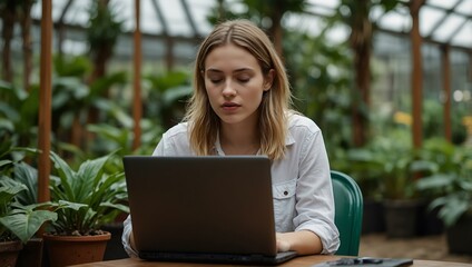 Wall Mural - Young woman working on a laptop in a tropical greenhouse.