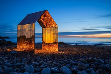 Wall Mural - Golden House on a Pebble Beach at Sunset