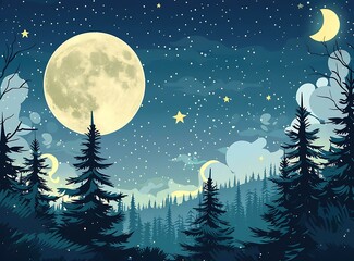 Wall Mural - Night Sky with Full Moon and Stars Over Forest