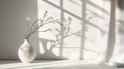 Wall Mural - A white vase with a single branch of white blossoms sits on a white surface with a sheer white curtain to the right and a window shadow behind it.