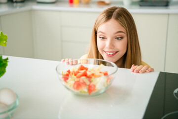 Sticker - Photo of charming attractive cute girl looking bowl tasty meal organic vegetable salad healthy food indoors