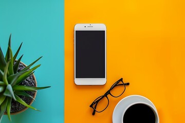 Poster - Top View Flat Lay of Office Desk with Coffee, Phone, and Glasses