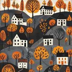 Poster - Autumn Village Landscape Illustration