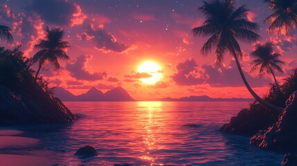 Sticker - A vibrant sunset over the ocean with palm trees and mountains in the distance.