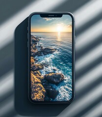 Poster - Smartphone Display with Sunset Seascape Photo