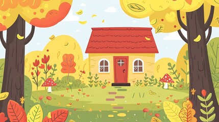 Wall Mural - Autumn House in the Woods Illustration