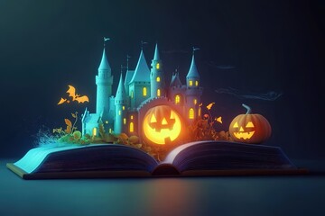 Halloween background in dark night with pumpkin and open book for product banner for promotion sales. Halloween background 3D rendering.