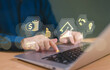 © MT.PHOTOSTOCK - Digital banking service solution, real estate investment market, financial technology concept. Man use computer laptop search digital banking icons. Modern online payment systems, e-commerce currency